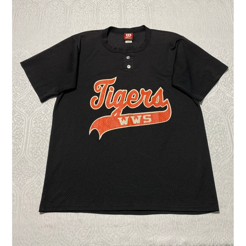 Vintage Wilson Tigers WWS Baseball Jersey Mesh Henley Shirt Black Mens Large USA